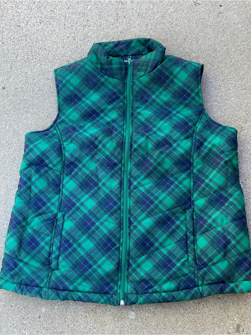 Basic Editions Green and Navy Plaid Quilted Vest